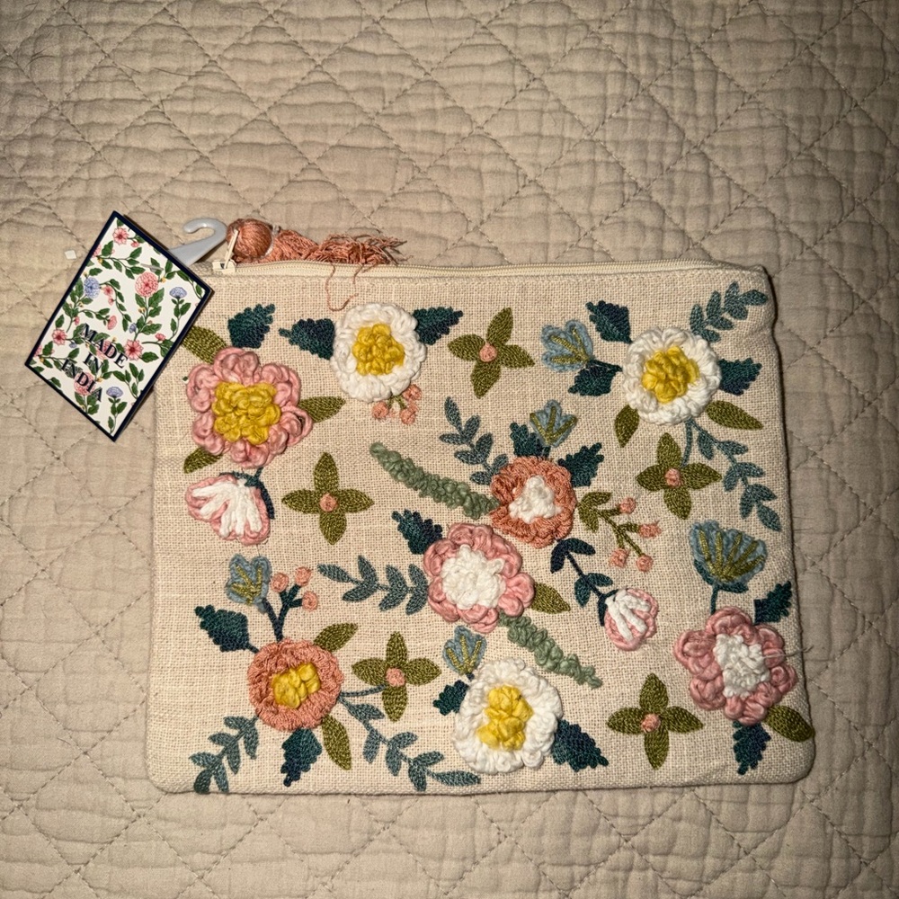 Embroidered Floral Cotton Zip Pouch - Cream with Pink, Yellow & Green